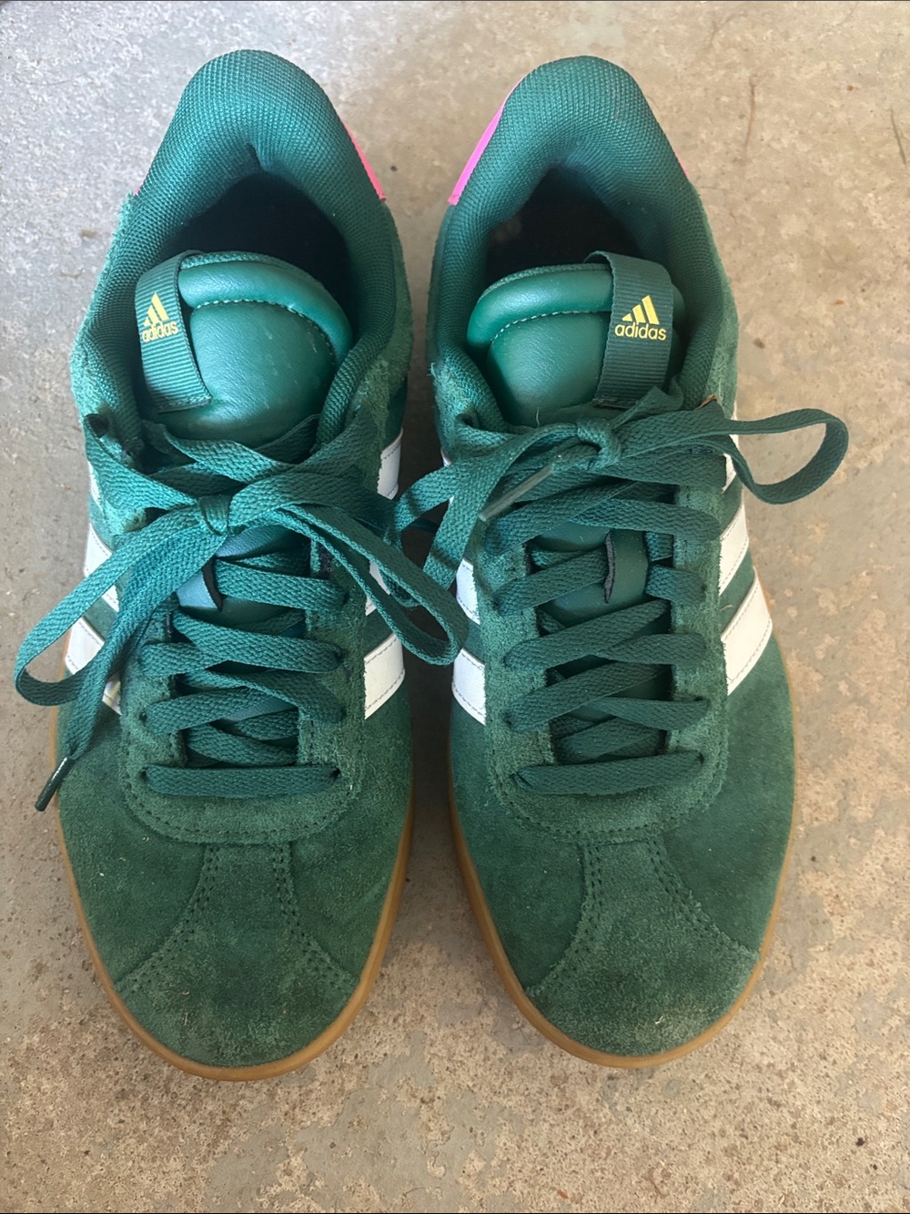 adidas Men’s Green Suede Sneakers with White Stripes and Gum Sole